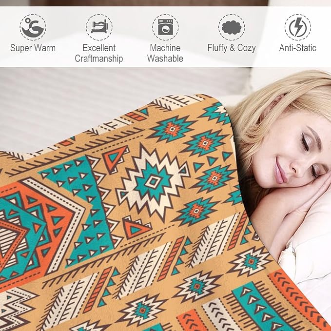 Aztec Throw Blanket, Tribal Navajo Print Native Blanket for Camping Outdoor Couch Sofa Bed 60"x80"