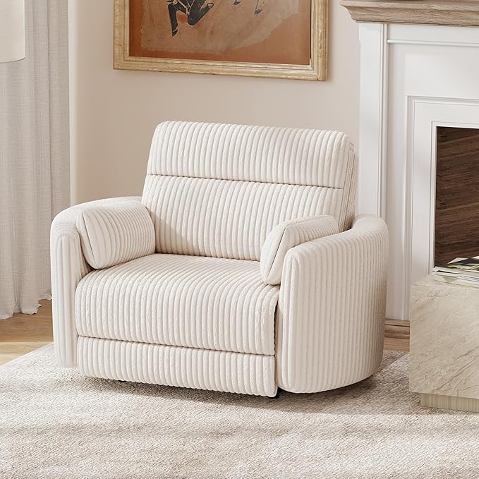 Bonzy Home Oversized Electric Recliner Chair for Adults with Extra-Wide Seat Cushion, Overstuffed Corduroy Power Recliner, Modern Round Single Sofa with 2 Pillows for Living Room, Bedroom, Beige