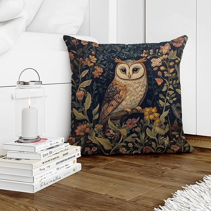 YOU FOUND ME William Morris Abstract Vintage Floral Velvet Owl Design Throw Pillow Covers Home Decor, Retro Art Deco Pillowcase Cushion Cover for Bed Sofa Living Room, Square 18x18inch (Brown-Owl)