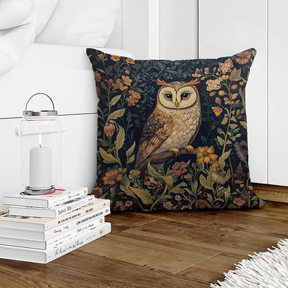 YOU FOUND ME William Morris Abstract Vintage Floral Velvet Owl Design Throw Pillow Covers Home Decor, Retro Art Deco Pillowcase Cushion Cover for Bed Sofa Living Room, Square 18x18inch (Brown-Owl)