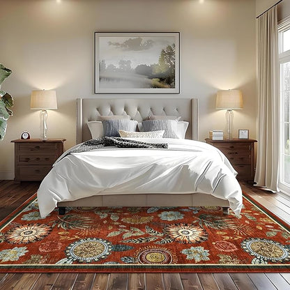 Garveehome 10x14 Floral Washable Area Rug: Large Living Room Area Rug with Non-Slip Backing Washable Ultra Soft Bedroom Floral Carpet Indoor Stain Resistant Carpet for Dining Room 10*14 ft Brick Red