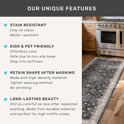 Black Boho Rug for Living Room 8x12 - Washable Dining Room Rugs for Under Table, Vintage Soft Low Pile Carpet for Bedroom, Non-Slip Farmhouse Bohemian Large Thin Carpet for High Traffic Area