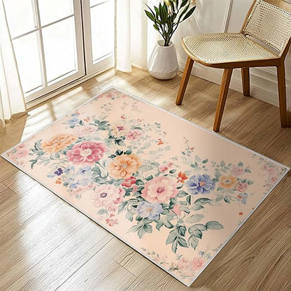2x3 Floral Entryway Area Rug Beige Bathroom Rug Non Slip Machine Washable Low Pile Small Carpet Kitchen Bedroom Door Mat Entrance