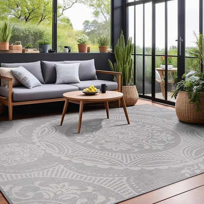 Medallion Outdoor Rug 5x7 Washable Outside Carpet for Indoor Patio Porch Waterproof Easy Cleaning Non Shedding Area Rugs Gray 5 x 7