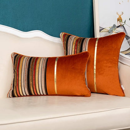 Yangest Orange Striped Patchwork Throw Pillow Cover Gold Leather Cushion Cover Zippered Rectangular Pillowcase for Sofa Couch Bedroom Living Room Home Decoration, 12x20 Inch