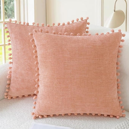 CaliTime Throw Pillow Covers Decorative 16 X 16 Inches Pack of 2 Cozy Solid Dyed Soft Chenille Cushion Cases with Pom Poms for Couch Sofa Bed Living Room Home Dusty Pink