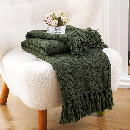 BATTILO HOME Olive Green Chenille Throw Blanket for Bed, Knit Throw Blanket,Super Soft Warm Home Decor Throw Blanket with Tassels for Couch,Sofa and Living Room,50" x 60"