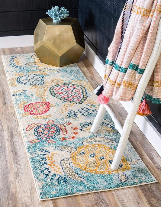 Unique Loom Positano Collection Coastal Modern Turtles Beige Runner Rug (2' x 7')
