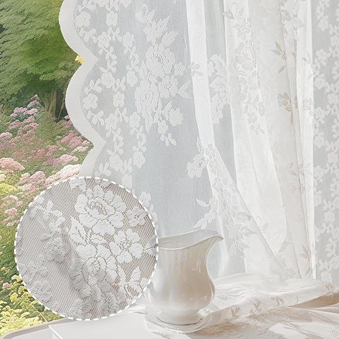 Anmao Vintage Lace Curtains 120 Inches Long 2 Panels, Romantic Elegant Light Filtering Semi Sheer Floral Thick Lacy Curtain Drapes for Living Room and Bedroom, Each Panel 55W x 120L, White Rose