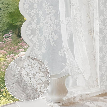 Anmao Vintage Lace Curtains 102 Inches Long 2 Panels, Romantic Elegant Light Filtering Semi Sheer Floral Thick Lacy Curtain Drapes for Living Room and Bedroom, Each Panel 55W x 102L, White Rose