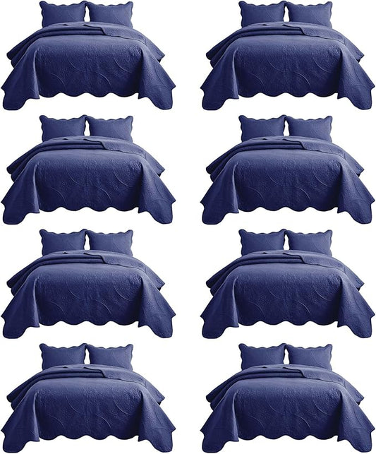 IR Imperial Rooms 8 Pack Quilt King Size Bedding (106" x 96") - Bulk Wholesale for Hotels, Guest Bedroom & Airbnbs - Lightweight Microfiber Reversible Floral Embossed Quilts Bedspreads (Navy)