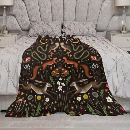 Rustic Forest Throw Blanket, Fairy Tale Forest Land Wild Animals Moths Flowers Moon Star Soft Flannal Blanket for Adult Kids Bed Couch Sofa, 30"x40"