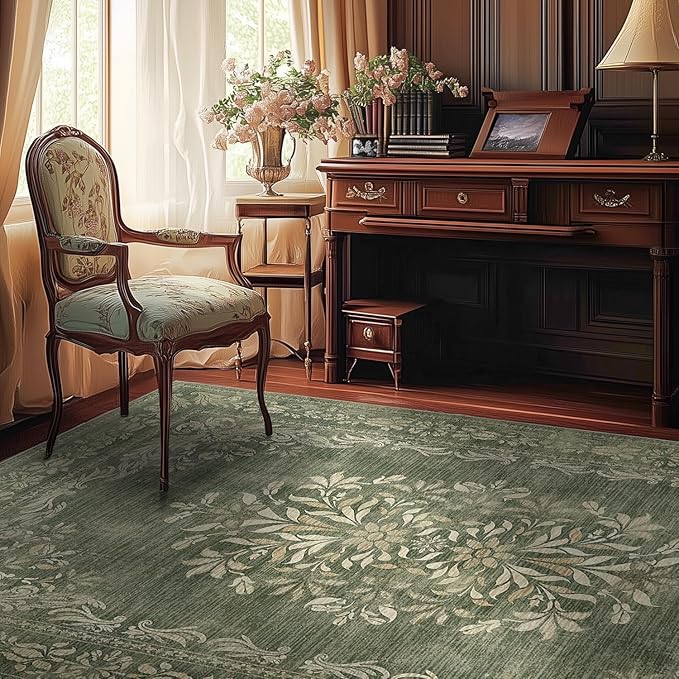 jinchan Green Floral 8x10 Area Rugs for Living Room - Machine Washable Vintage Distressed Design Soft Throw Rug Non-Slip Large Christmas Carpet for Bedroom Nursery Home Office (8x10ft, Dark Green)