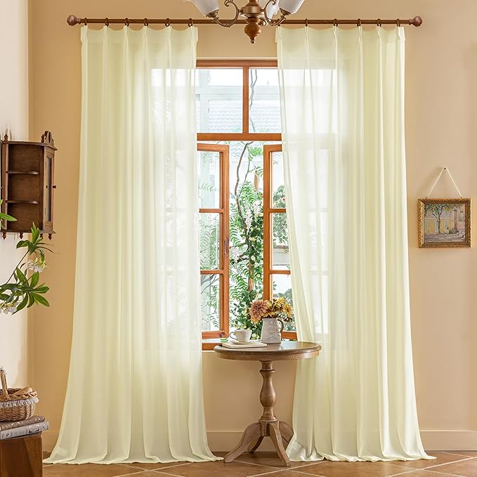 MAIHER 60 Inch Wide Sheer Pinch Pleat 108 Inch Curtains for Living Room Elegant Lightweight Light Filtering Pleated Drapes with Adjustable Hooks for Bedroom, Beige, 60" W x 108" L, 2 Panels