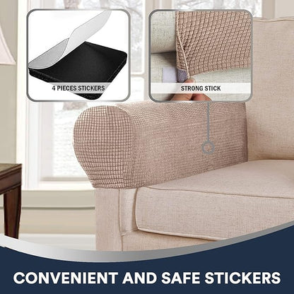 Stretch Sofa Arm Covers Spandex Jacquard Anti-Slip Couch Arm Covers with Sticker Furniture Armrest Protector for Sofa Couch Chair Recliner, Set of 2, Khaki