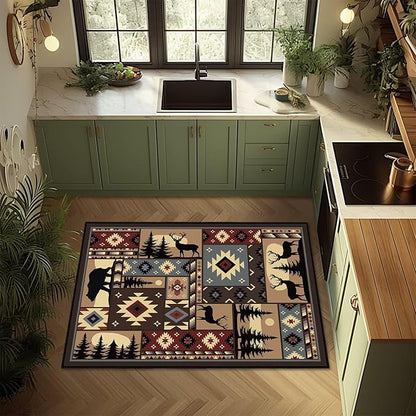 Rustic Rug for Bedroom,Cabin Wildlife Area Rug 3x5 Throw Carpet,Buffalo Plaid Bear Moose Deer Country,Ultra-Thin Washable Kitchen Rugs Indoor Entryway Rug Non Slip Floor Carpets for Living Room,Office