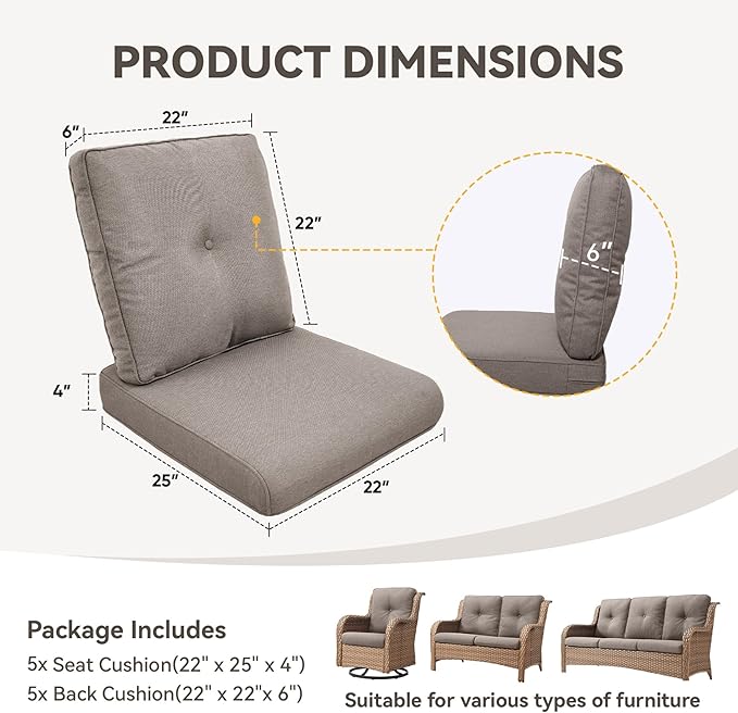 Patio Cushions for Outdoor Furniture - 22" x 25" x 4" UV Resistant Thick Foam Cushions Water Resistant Replacement Cushion for Outdoor Patio Furniture Chair/Sofa/Couch | Grey | 5-Pack |