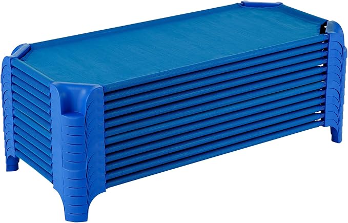 Sprogs Deluxe Heavy Duty Toddler 40"L Stackable Daycare Cot with Easy Lift Corners Cots for Preschool Kids Sleeping, Resting, and Naptime, SPG-16134-18PK, Blue (Pack of 18)