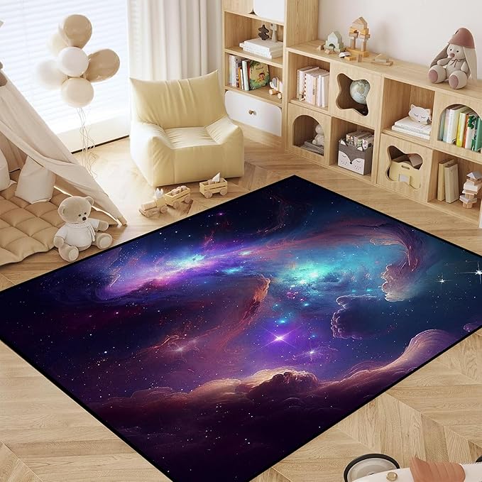 Galaxy Area Rug for Kids Boys Girls Bedroom Living Room Carpet Nebula Vortex Throw Rugs Purple Blue Cloud Floor Mat 47 in X 31 in