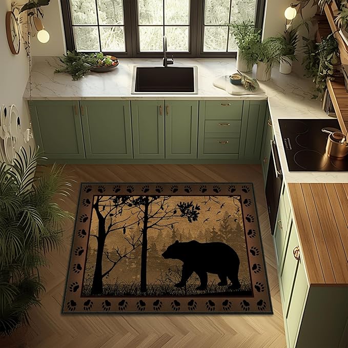 Rustic Area Rug 3x5,Bear Country Cabin Wildlife,Ultra-Thin Washable Throw Carpet Brown Rugs for Bedroom Indoor Vintage Rugs Non Slip Accent Floor Carpets for Bedside,Entryway,Living Room,Office
