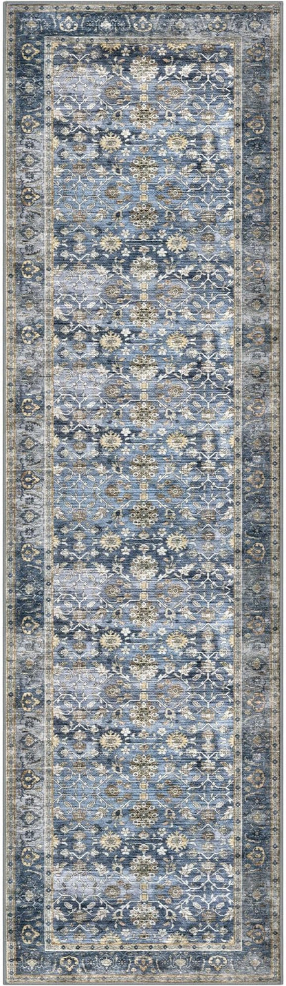 KUTA Vintage Washable Runner Rug, 2x7 Blue Grey Beige Runners for Hallways Non-Slip Kitchen Rugs Ultra Thin Soft Printed Distressed Oriental Floral Floor Carpet for Laundry Bedroom Living Room