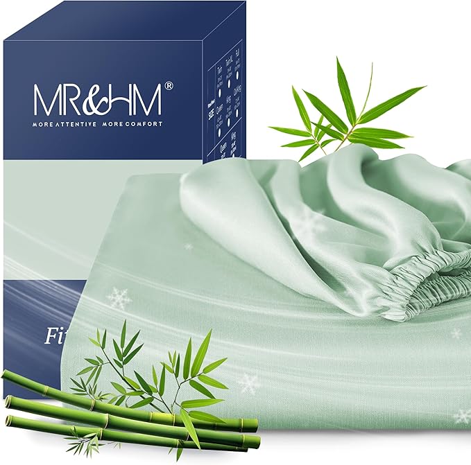MR&HM California King Fitted Sheet, Ultra-Soft Rayon Derived from Bamboo & Polyester Blend, Silky & Breathable, 15" Deep Pocket with Elastic Straps, Cooling Fitted Sheet for Hot Sleepers, Sage Green