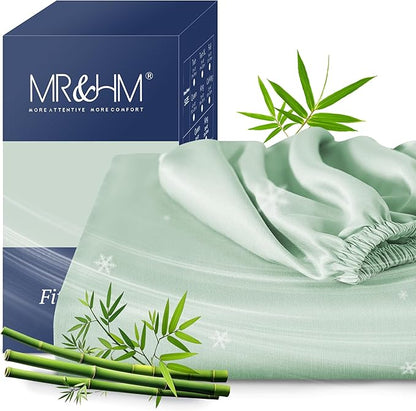 MR&HM Queen Fitted Sheet Only, Ultra-Soft Rayon Derived from Bamboo & Polyester Blend, Silky & Breathable, 15" Deep Pocket with Elastic Straps, Cooling Fitted Sheet for Hot Sleepers, Sage Green