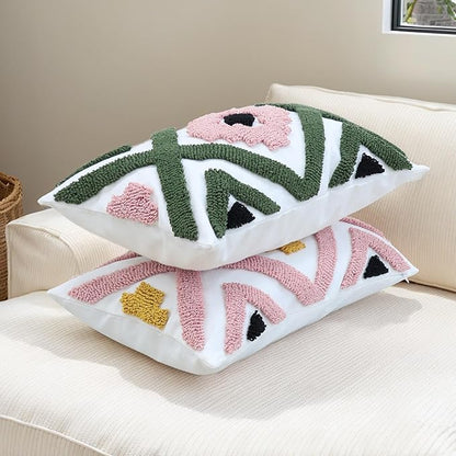 Boho Accent Lumbar Pillow Covers 12x20 - Tufted Abstract Modern Throw Pillow Covers, Farmhouse Decorative Pillowcase for Couch, Sofa, Bed, Living Room -Pink Black Orange Geometric