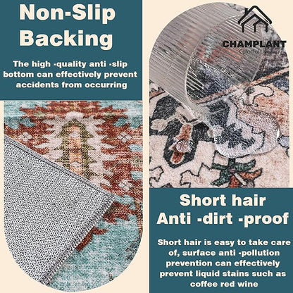 Washable Area Rug 9'x12' Cyan Khaki Retro Flowers Boho Design Non-Shedding Easy Care Ideal for High Traffic Areas in Living Room Bedroom Office Coffee Table Kitchen Large Carpet