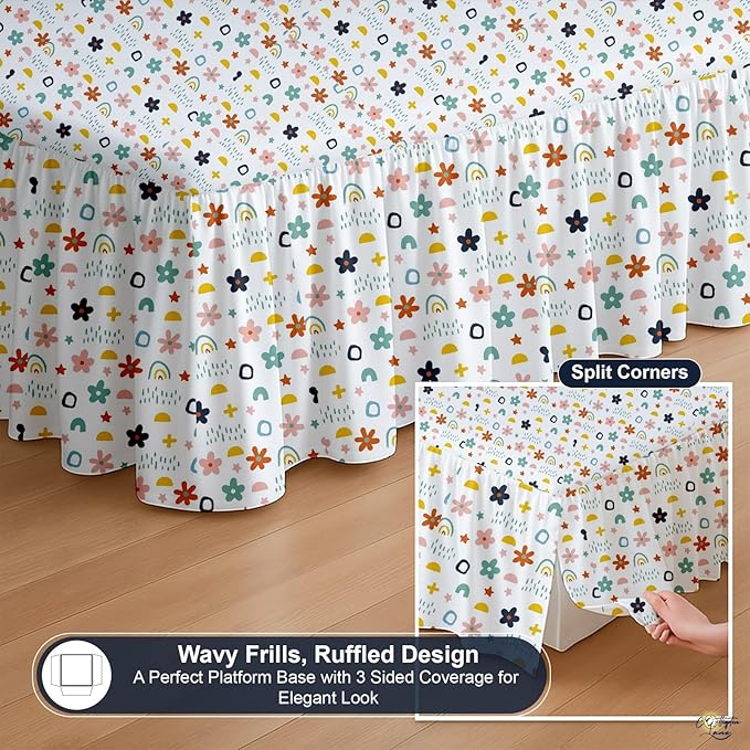 Cottington Lane Ruffled Bed Skirt Full Size with Split Corner, Brushed Microfiber Hotel Quality Dust Ruffle, 21 Inch Drop Gathered Bedskirt, Soft, Stylish, Shrink & Fade Resistant, Rainbow Splash