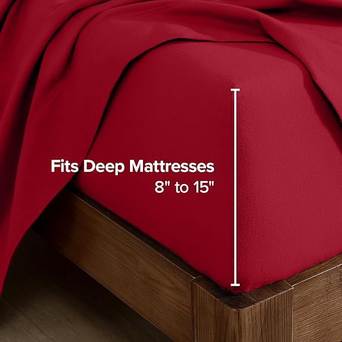 Bare Home Flannel Fitted Bottom Sheet 100% Cotton Twin Extra Long, Velvety Soft Heavyweight - Double Brushed Flannel - Deep Pocket (Twin XL, Red)