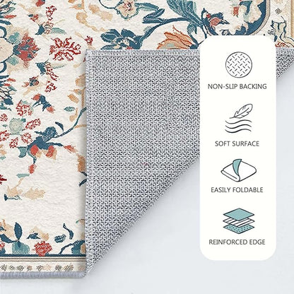4x6 Boho Area Rug Beige Oriental Rug Non Slip Low Pile Large Carpet for Home Kitchen Living Room Bedroom Dining Room Office