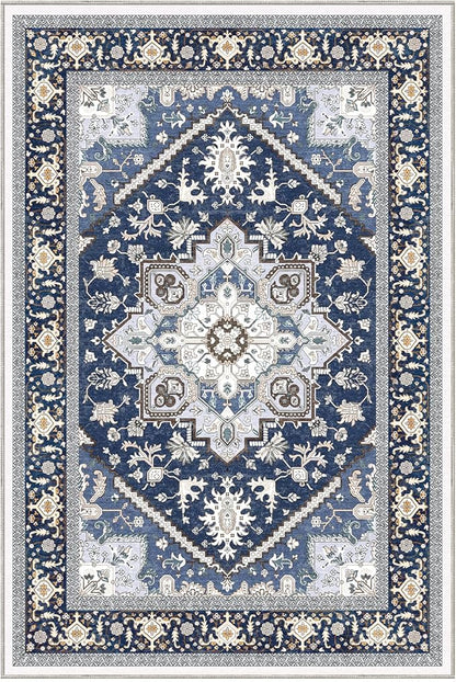 OPPODREAM Thin Throw Rugs 2x3, Small Washable Entryway Rugs 2 x 3 with Non Slip Backing, Low-Pile Faux Cashmere 2 x 3 Carpet, Navy Blue & Gold