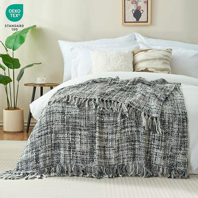 Multi-Color Grey Cable Knitted Throw Blanket for Couch,50"X60" Boho Style Textured Blankets for Home Decor,Super Soft Warm Cozy Chunky Knit Blanket with Decorative Tassels for Bed and Sofa