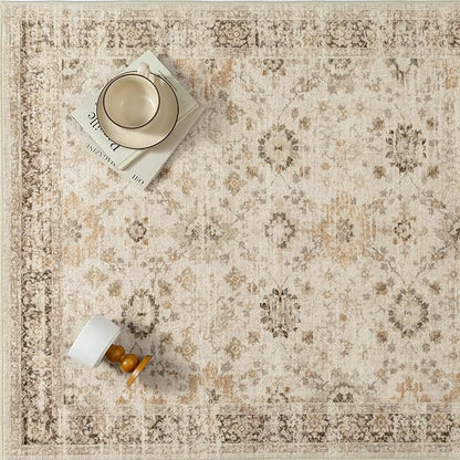 Beige 2x3 Entryway Area Rug Machine Washable Doormat Kitchen Vintage Distressed Non Slip Carpet Indoor Traditional Floral Accent Throw Small Rug for Bathroom Office Bedroom Living Dining Room