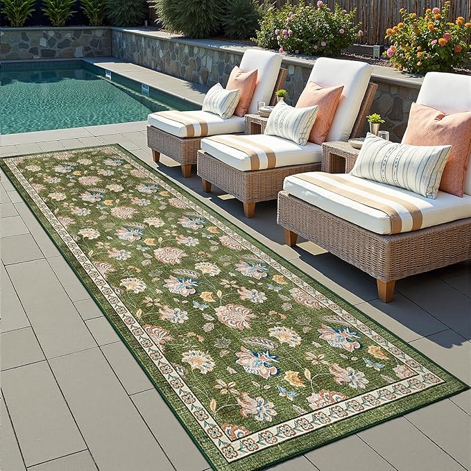 jinchan Elora 3x10 Floral Runner Rug for Hallway Washable Runner Vintage Romance Christmas Design Non Slip Thin Indoor Floor Cover Low-Profile Throw Carpet for Entryway Bathroom Bedroom Porch, Green