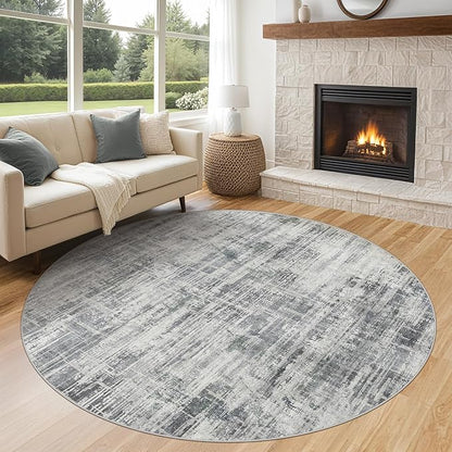 6ft Round Area Rug for Living Room: 6x6 Washable Neutral Abstract Modern Soft Rugs Non Slip Indoor Floor Stain Resistant Carpet for Bedroom Dining Room Office Nursery - Gray