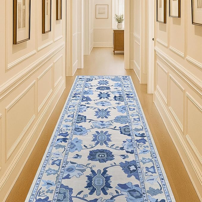 Fame Living Navy Blue Oushak Runner Rug, Modern Runners, Vintage, Turkish, Eclectic, Floral, Pastel, Washable, Long Runner Rugs for Hallway, Kitchen, Living Room, Bedroom, Kitchen, Bathroom, 2'5"x13'