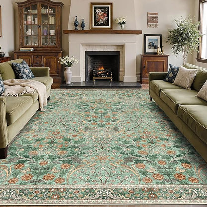 MUJOO Green Washable Rugs 8x10,Floral Area Rug for Living Room Dining Room Bedroom,Large Throw Carpet,Boho Non Slip Indoor Floor Big Soft Botanical Vintage Ultra-Thin