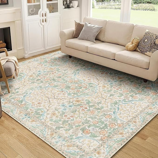 MUJOO Floral 5x7 Area Rugs,Washable Rug for Living Room Bedroom Office Dining Room,Large Throw Carpet,Boho Non Slip Indoor Floor Big Soft Neutral Vintage Ultra-Thin Light Green and Beige