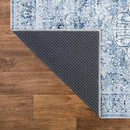 Bloom Rugs Washable Non-Slip 3' x 5' Rug - Ivory/Denim Blue Traditional Medallion Area Rug for Living Room, Bedroom, Dining Room, and Kitchen - Exact Size: 3' x 5'