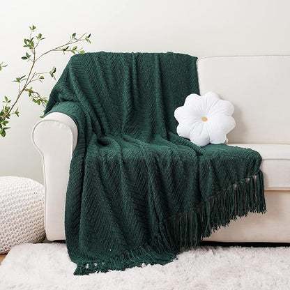 BATTILO HOME Forest Green Throw Blanket for Couch, Knit Christmas Throw Blanket Versatile for Chair, Super Soft Warm Green Christmas Blanket with Tassels for Bed, Sofa and Living Room, 60" x 80"