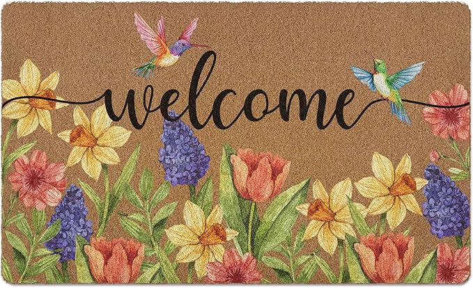 Spring Colorful Floral Birds Door Mat, Flower Welcome Front Door Mat Indoor Outdoor Entrance, Rustic Botanical Artificial Coir Doormat Rugs for Patio Entry Kitchen Decor 30x17in