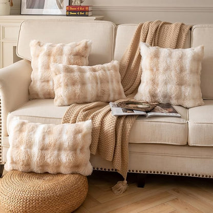 Pack of 2 Thick Plush Throw Pillow Covers Fluffy Wave Faux Fur Decorative Cushion Covers Soft Wool Pillowcase for Sofa Couch Livingroom 22x22 Inch White Beige