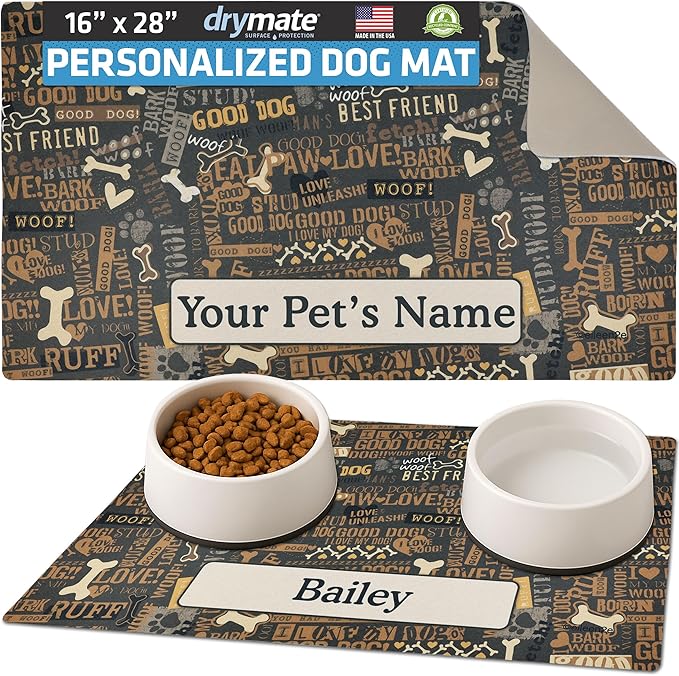 Drymate Personalized Pet Bowl Placemat, Custom Dog & Cat Food Feeding Mat - Absorbent Fabric, Waterproof Backing - Machine Washable/Durable (USA Made) (16" x 28") (Best Friend Brown)