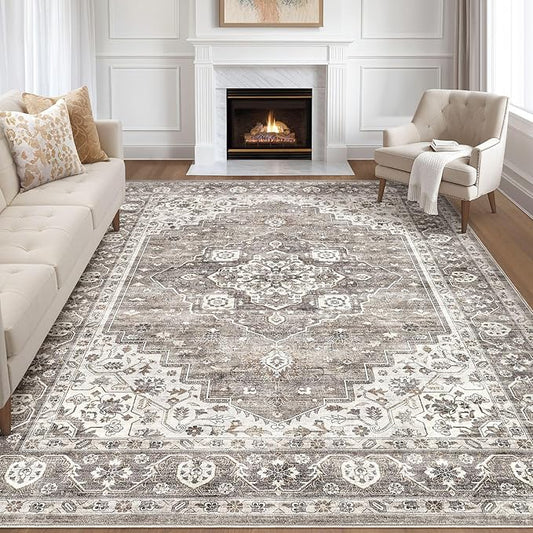7x9 Area Rug Living Room: Washable Boho Large Neutral Vintage Soft Rugs Stain Resistant Farmhouse Non-Slip Indoor Rustic Floor Carpet for Bedroom Nursery Kids Playroom Office Dining Room- Dark Brown