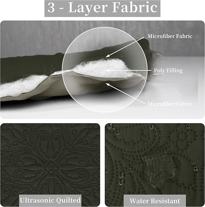 Easy-Going Full/Queen Size Reversible Quilt Set with 1 Quilt and 2 Pillow Shams, Soft Bed Quilt Cover, Water Resistant Lightweight Microfiber Bedspread, Stain Resistant, Damask-Army Green/Beige