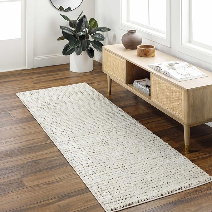 Hauteloom Keita Contemporary Mosaic Runner Rug - High Pile Fluffy Soft Shag Carpet for Hallway, Kitchen - Cream, Brown - 2'8" x 7'3" Runner