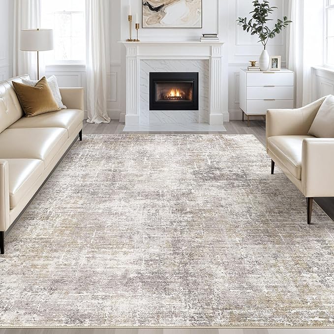 Abstract Living Room Rug 8x10 - Modern Washable Soft Thin Area Rug for Living Room Bedroom Under Dining Table - Neutral Indoor Floor Rug Carpets for Home Office Playroom Nursery - Brown Gold