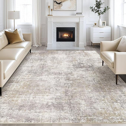Abstract Living Room Rug 9x12 - Modern Washable Soft Thin Area Rug for Living Room Bedroom Under Dining Table - Neutral Indoor Floor Rug Carpets for Home Office Playroom Nursery - Brown Gold